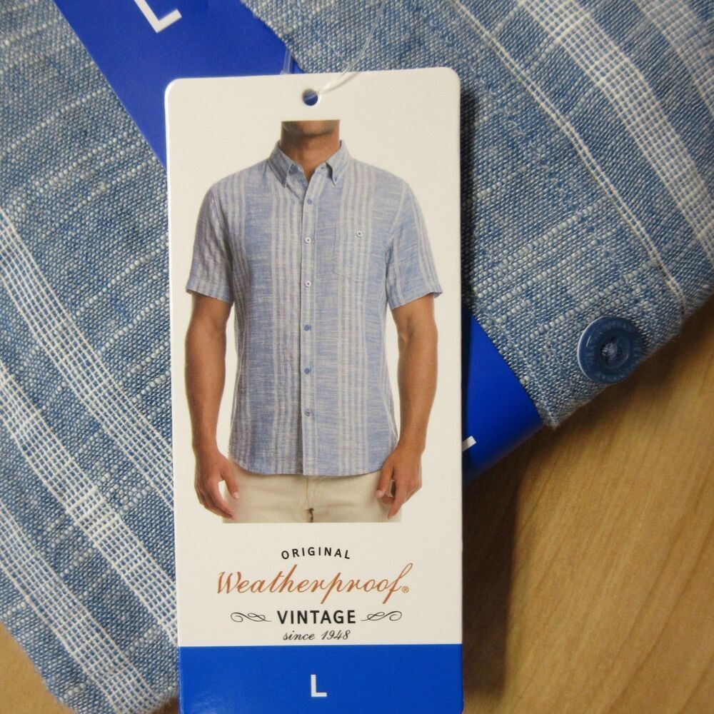 WEATHERPROOF VINTAGE Linen Blend Blue Stripe Shirt Mens L Short Sleeve Woven NWT
